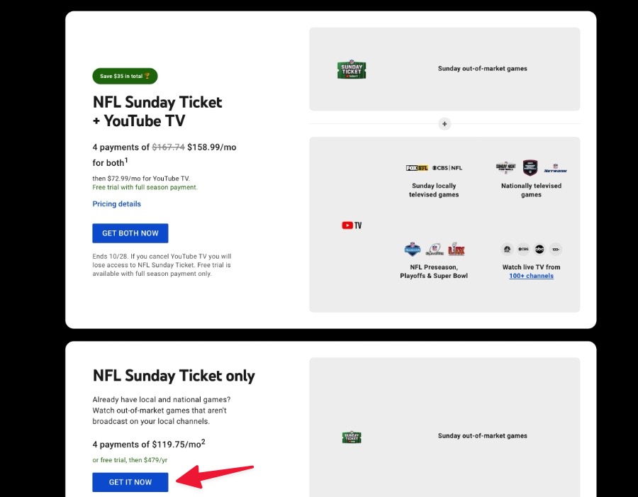NFL Sunday Ticket plans