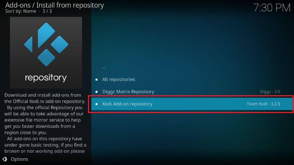 select kodi addon repository