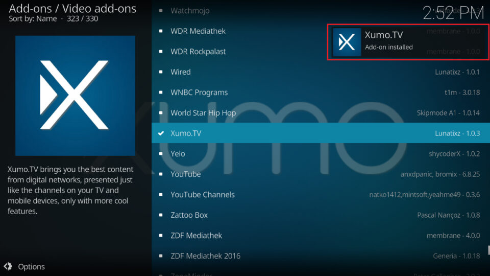 xumo tv add on installed