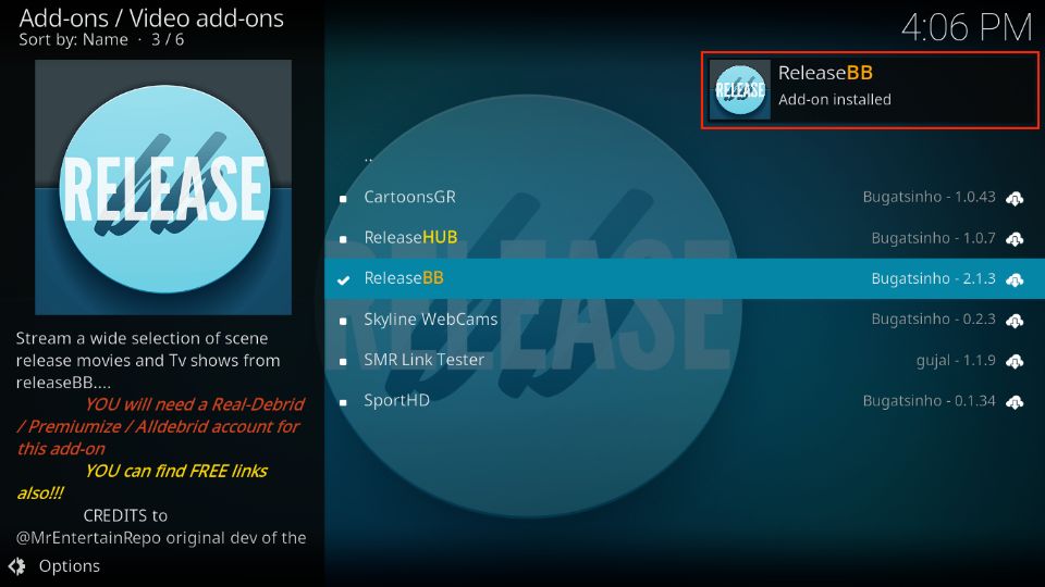 releasebb addon installed
