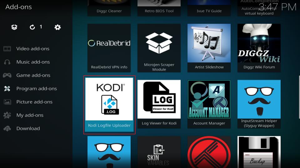 kodi log file uploader tile