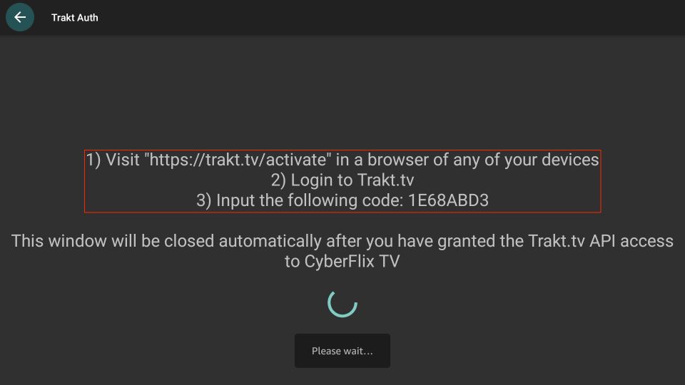 trakt authorization screen