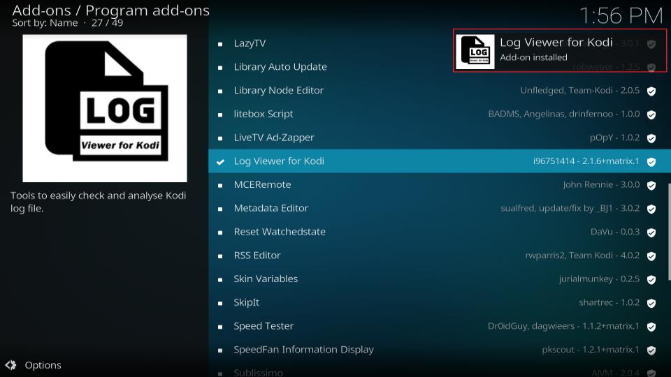 log viewer for kodi addon installed