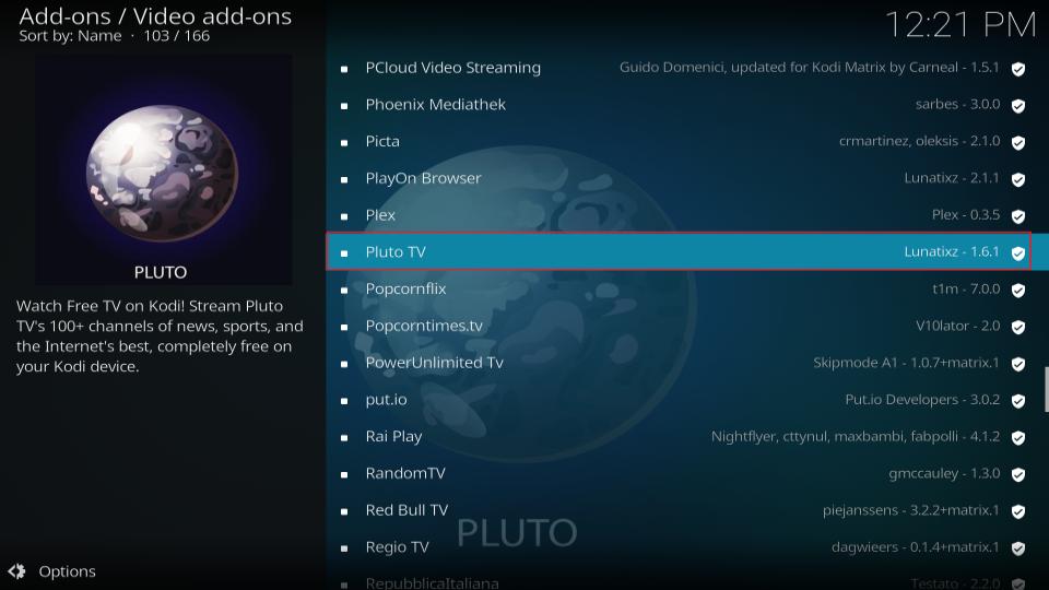 select pluto tv addon